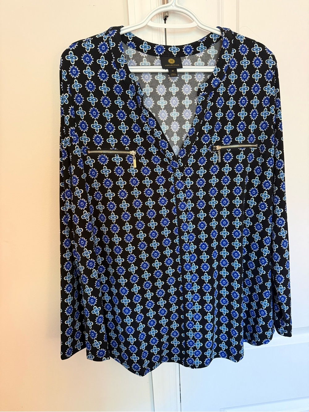 JM Collection Black Blouse with Blue Floral Medallion Print